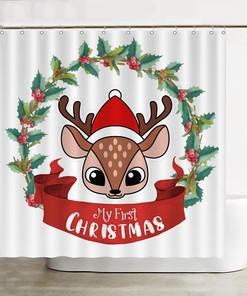 My First Christmas Shower Curtain With Animal Deer Wreath For A Modern Holiday Decor