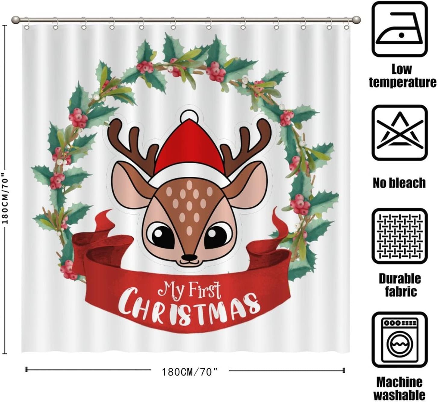 My First Christmas Shower Curtain With Animal Deer Wreath For A Modern Holiday Decor - Image 2