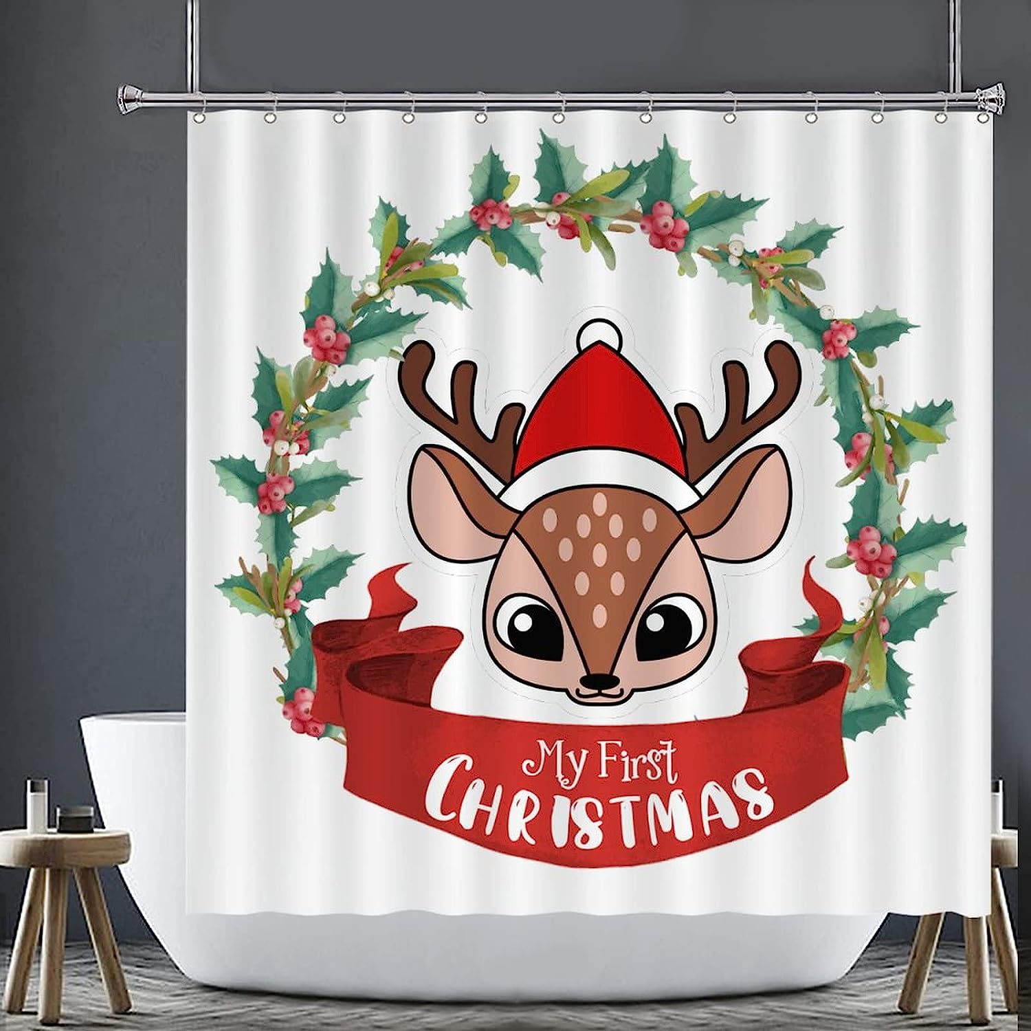 My First Christmas Shower Curtain With Animal Deer Wreath For A Modern Holiday Decor - Image 3