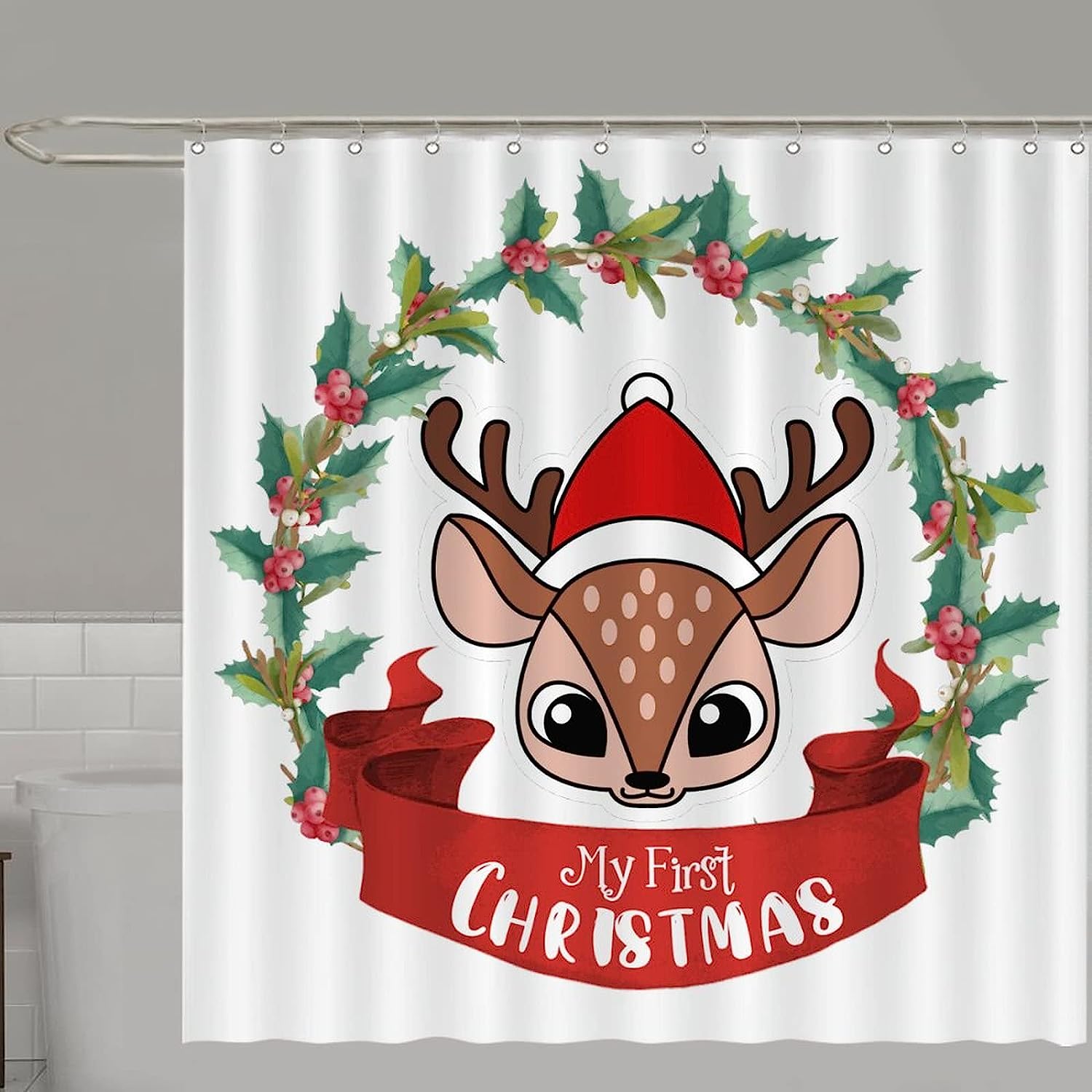 My First Christmas Shower Curtain With Animal Deer Wreath For A Modern Holiday Decor - Image 4