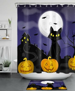 Mysterious Black Cat Pumpkin Shower Curtain With Halloween Moon Castle Design For Bathroom Decor
