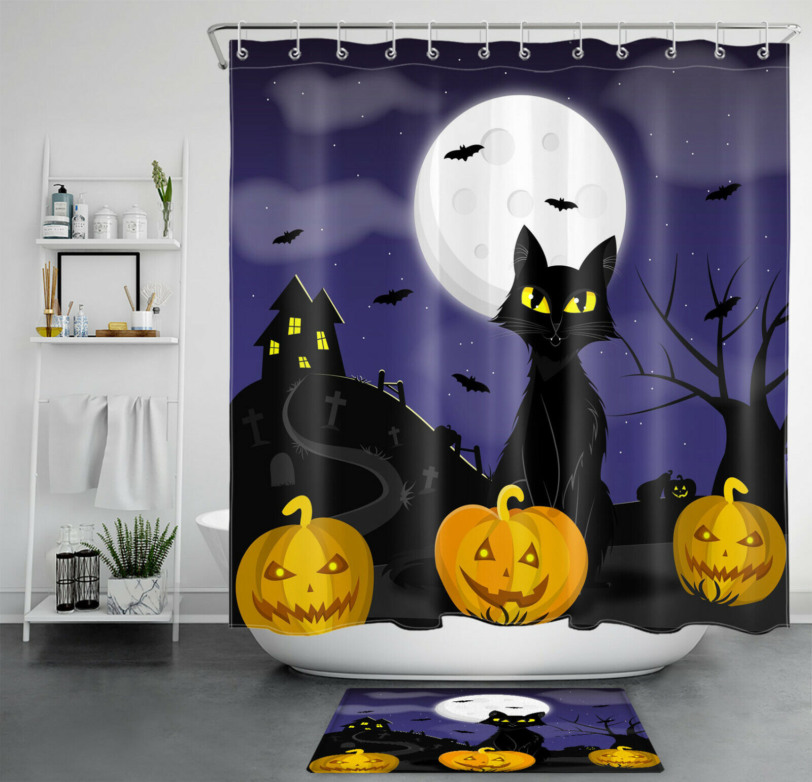 Mysterious Black Cat Pumpkin Shower Curtain With Halloween Moon Castle Design For Bathroom Decor
