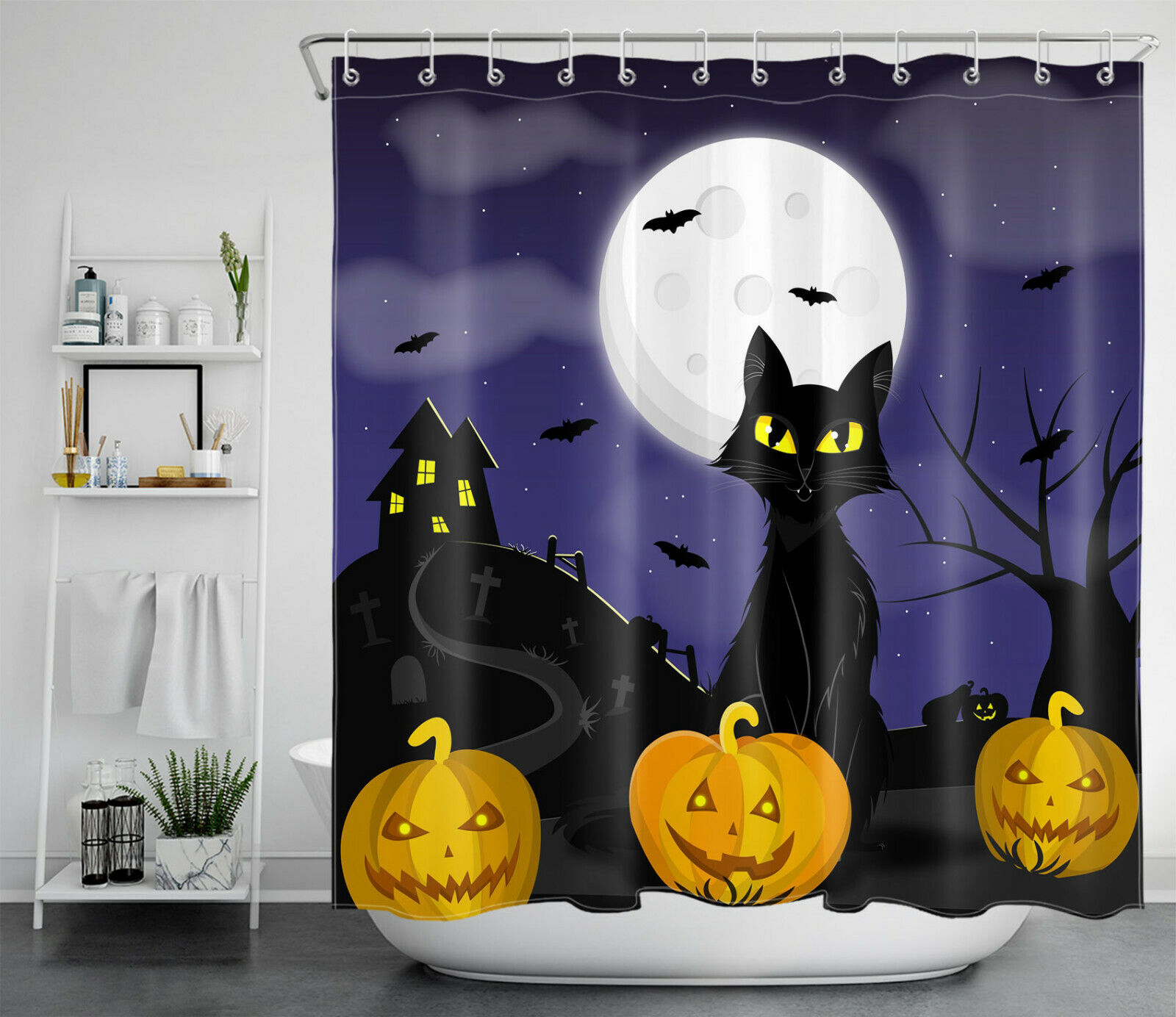 Mysterious Black Cat Pumpkin Shower Curtain With Halloween Moon Castle Design For Bathroom Decor - Image 2
