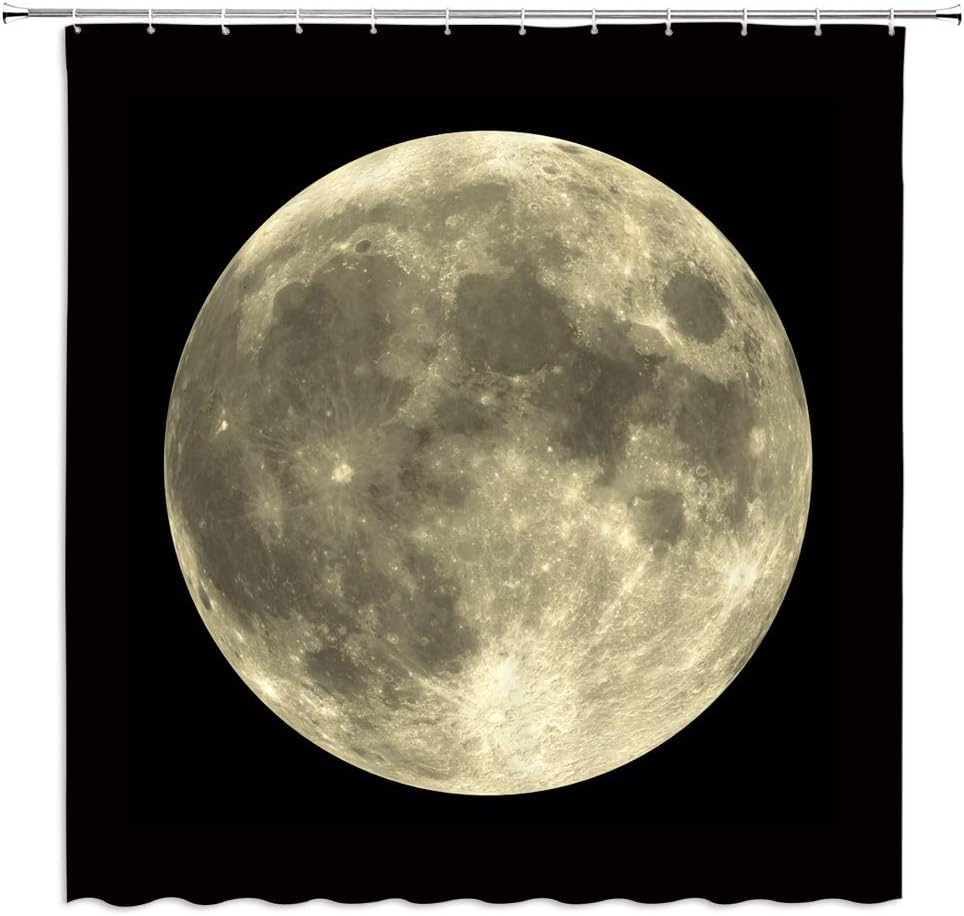Mysterious Full Moon Shower Curtain, Gray Planet Black Background Bath Decor Bathroom Waterproof Fabric Curtain