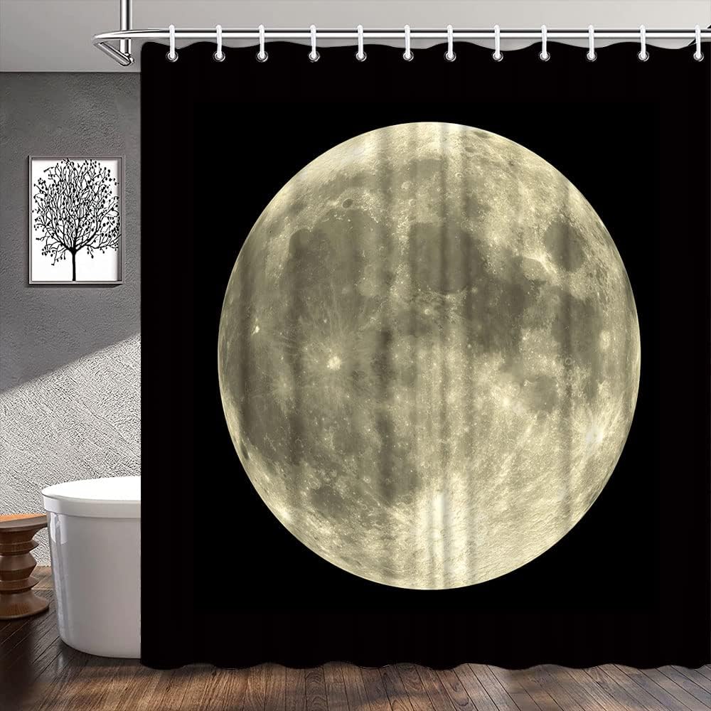 Mysterious Full Moon Shower Curtain, Gray Planet Black Background Bath Decor Bathroom Waterproof Fabric Curtain