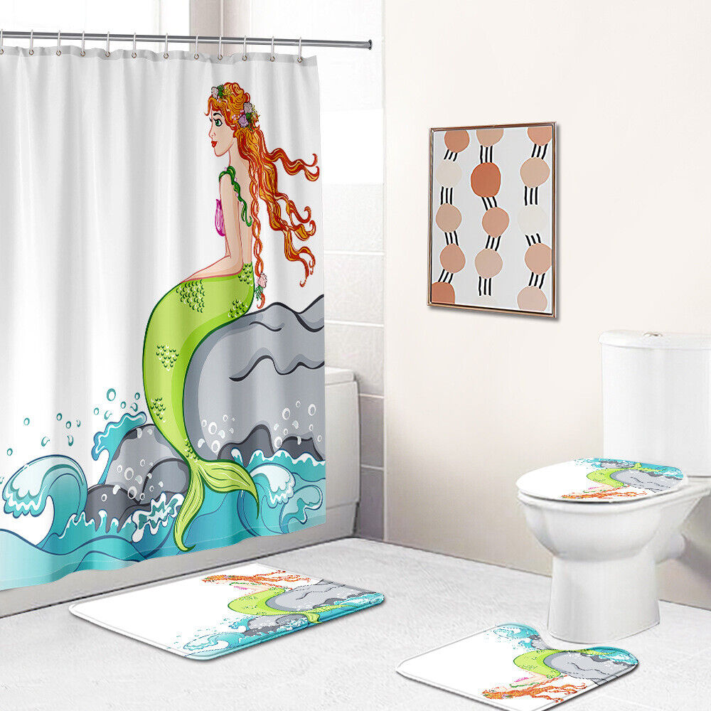 Mysterious Green-Tailed Mermaid Waterproof Shower Curtain With Underwater Print For Nautical Bathroom Decor