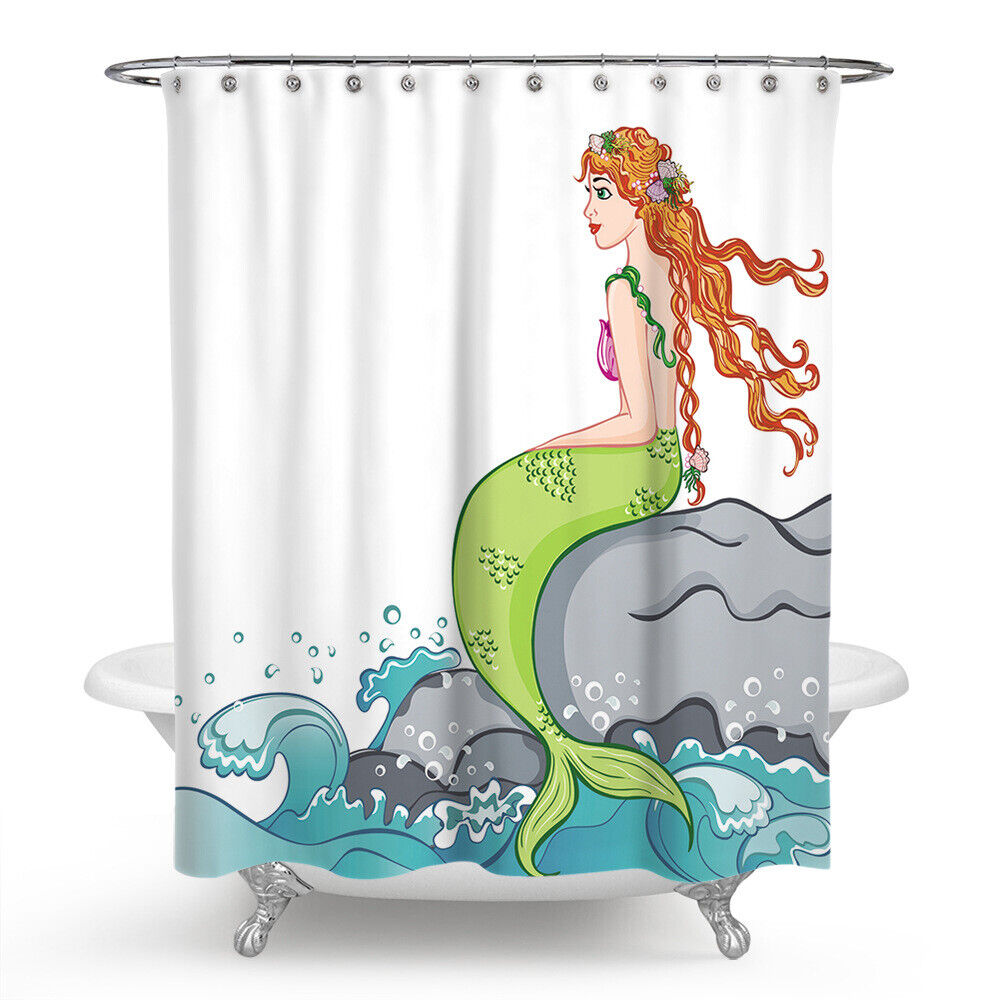 Mysterious Green-Tailed Mermaid Waterproof Shower Curtain With Underwater Print For Nautical Bathroom Decor