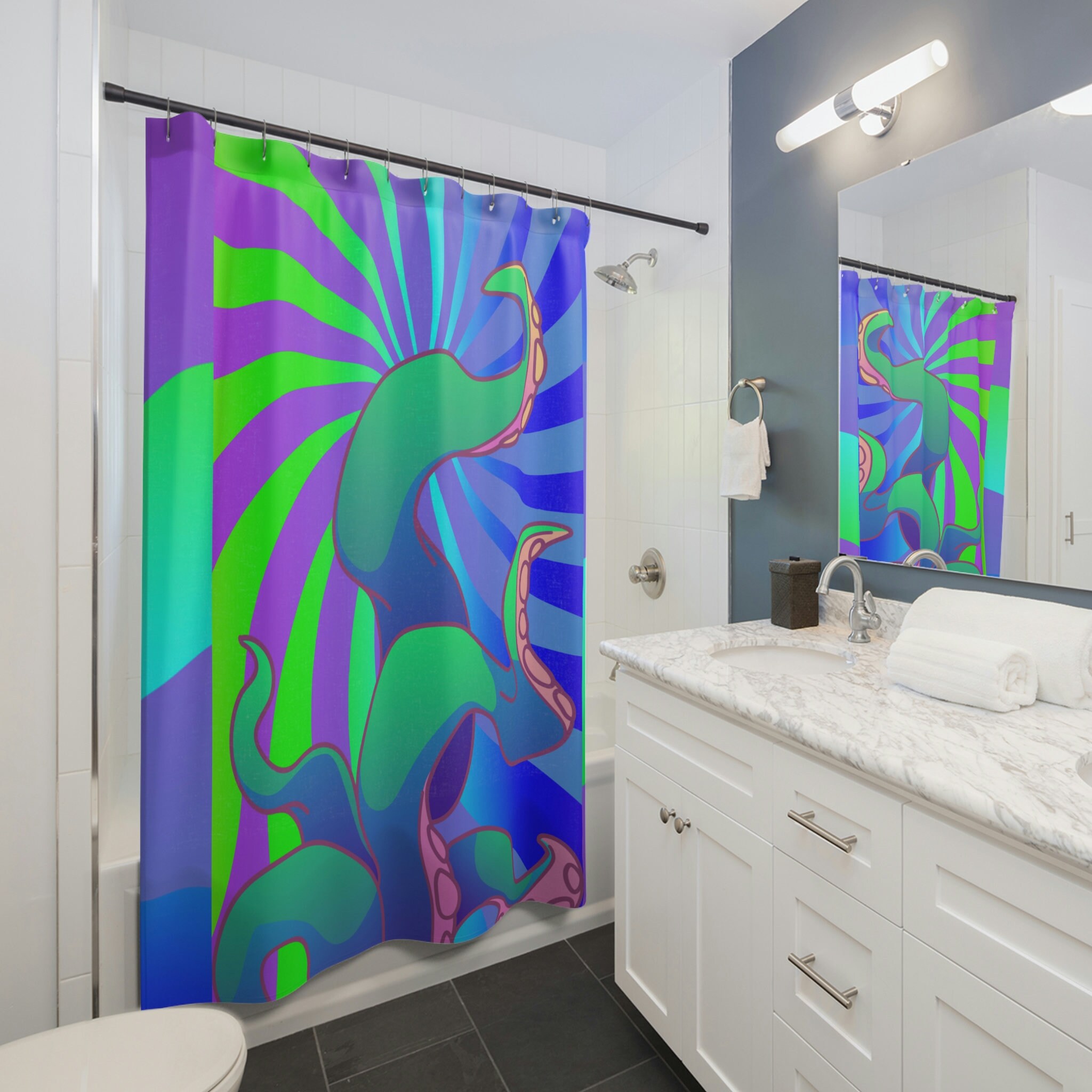 Mysterious Kraken Monster Shower Curtain Vintage Artistic Sea Creature Print Bathroom Decor