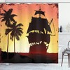 Mysterious Pirate Shower Curtain, Sailing Buccaneers Ship On Tropic Palm Trees Grunge