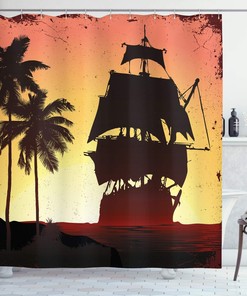 Mysterious Pirate Shower Curtain, Sailing Buccaneers Ship On Tropic Palm Trees Grunge