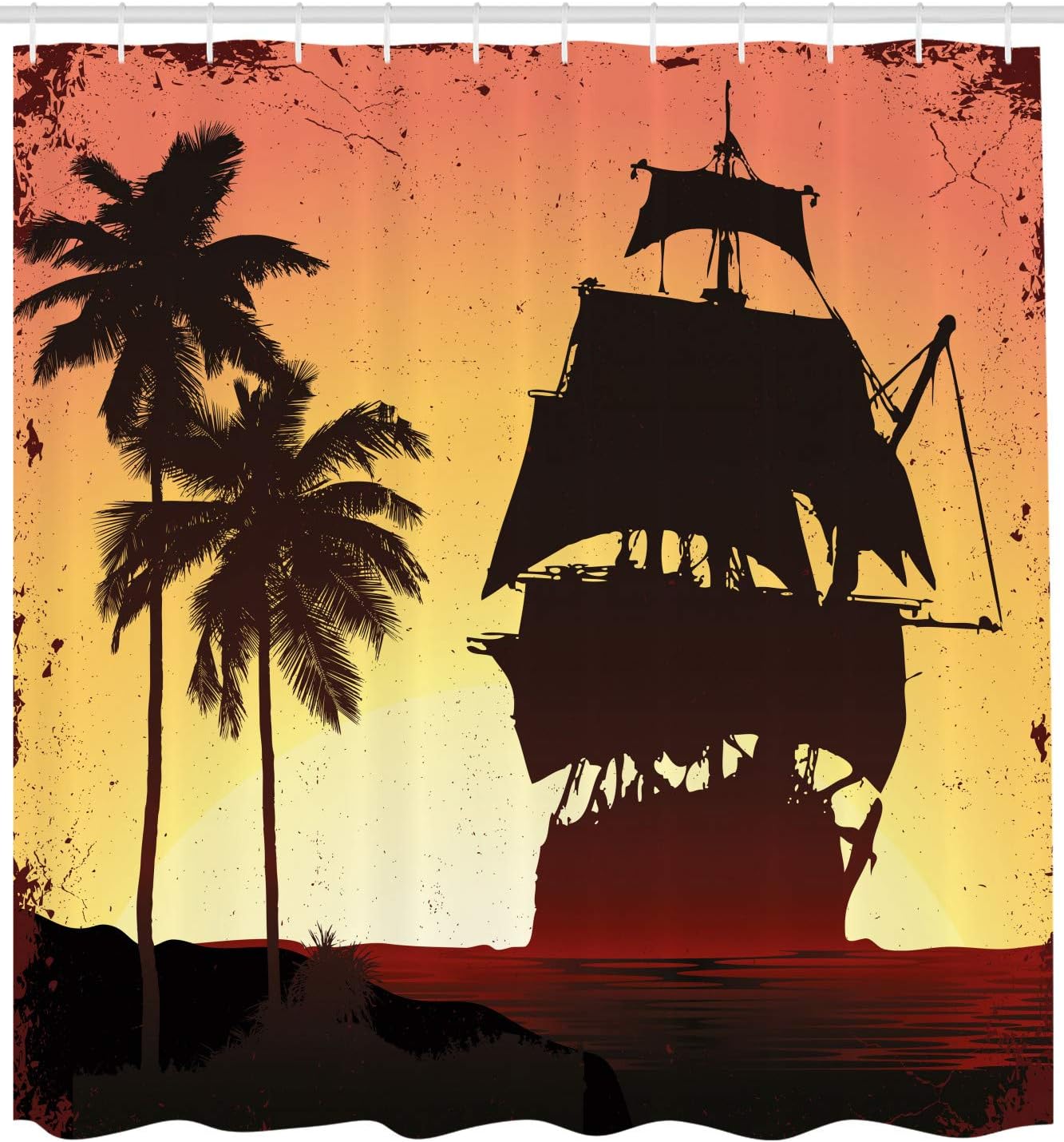 Mysterious Pirate Shower Curtain, Sailing Buccaneers Ship On Tropic Palm Trees Grunge - Image 2