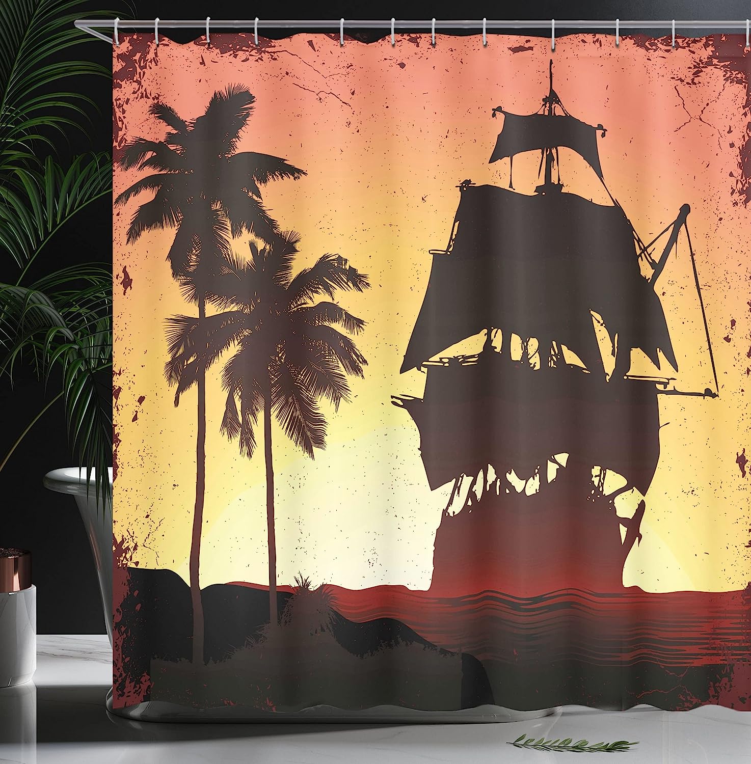 Mysterious Pirate Shower Curtain, Sailing Buccaneers Ship On Tropic Palm Trees Grunge - Image 3