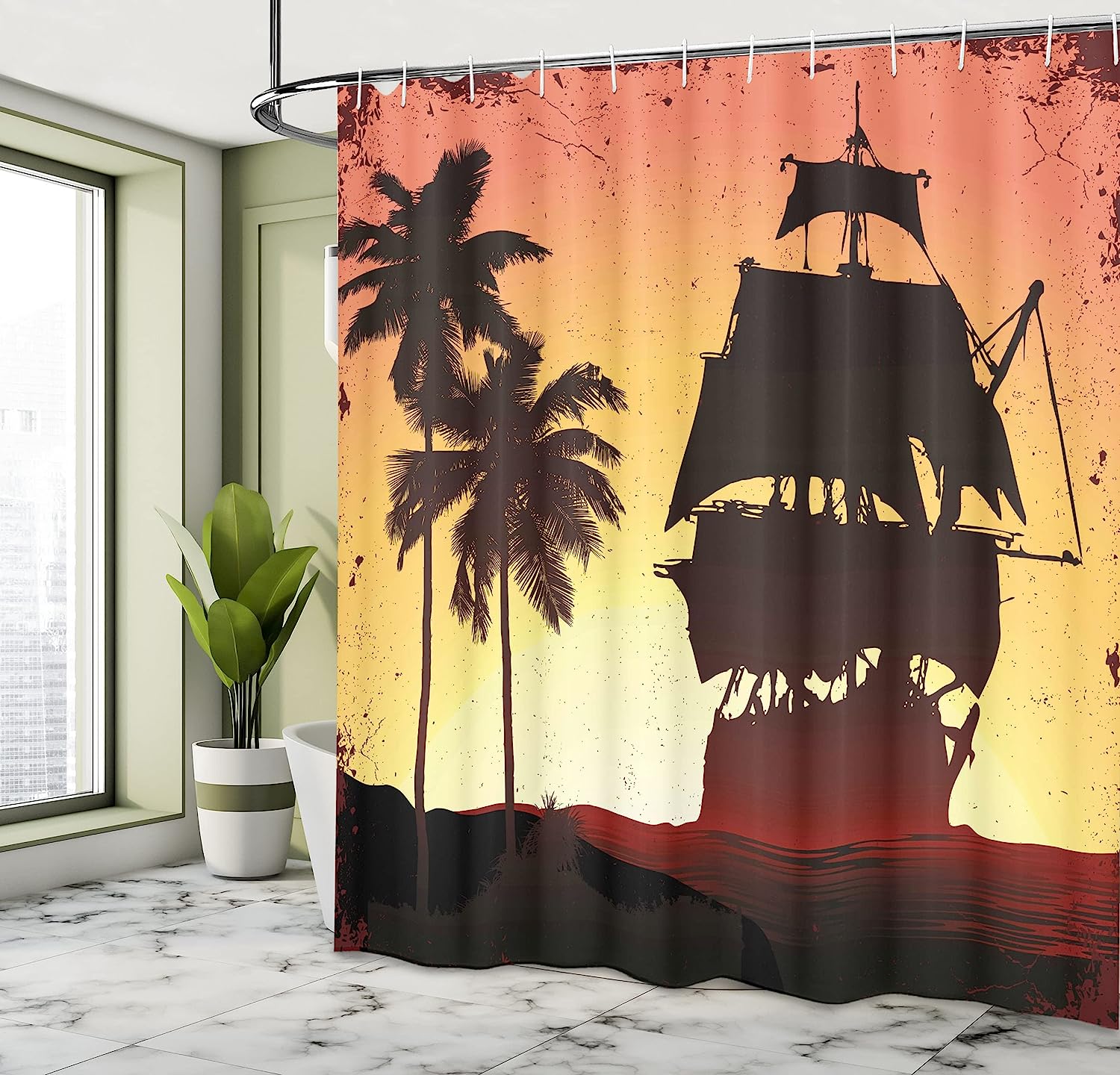 Mysterious Pirate Shower Curtain, Sailing Buccaneers Ship On Tropic Palm Trees Grunge - Image 4