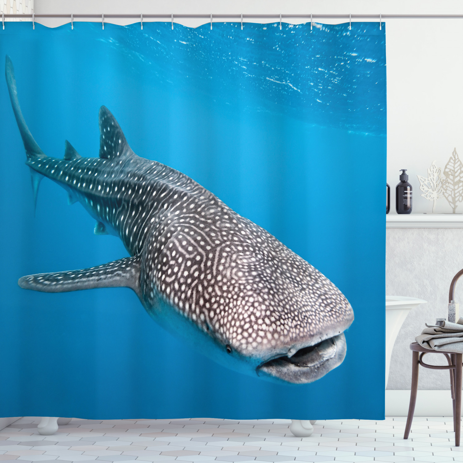 Mysterious Shark Shower Curtain For A Marine Bathroom Decor, Ocean-Themed Bathroom Accessories