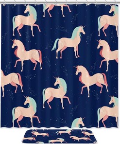 Mysterious Unicorn Pattern Blue Print Shower Curtain for a Magical Bathroom