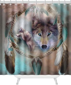Mysterious Wolf Bathroom Shower Curtain - Cool Blue Feather Dream Catcher Art