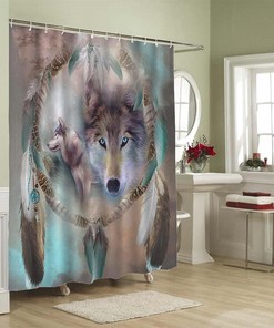 Mysterious Wolf Bathroom Shower Curtain - Cool Blue Feather Dream Catcher Art