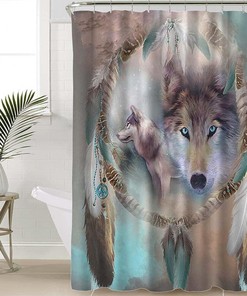 Mysterious Wolf Bathroom Shower Curtain - Cool Blue Feather Dream Catcher Art 