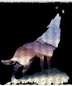 Mysterious Wolf Silhouette Shower Curtain with Butterfly, Birds, and Nature Print