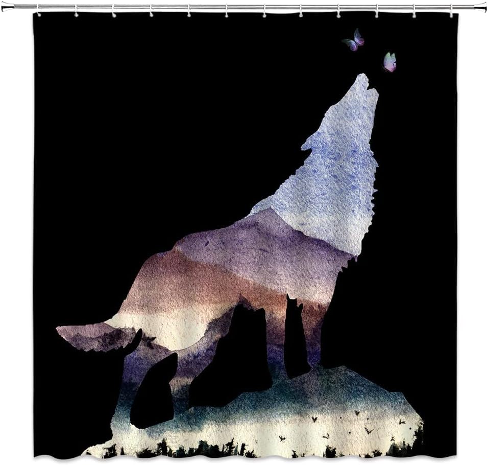 Mysterious Wolf Silhouette Shower Curtain with Butterfly, Birds, and Nature Print