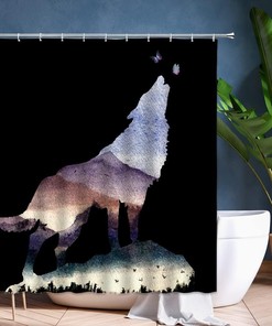 Mysterious Wolf Silhouette Shower Curtain with Butterfly, Birds, and Nature Print