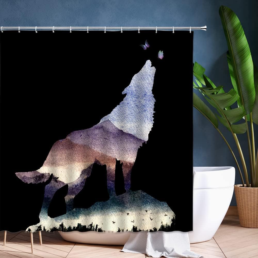 Mysterious Wolf Silhouette Shower Curtain with Butterfly, Birds, and Nature Print