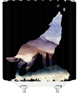 Mysterious Wolf Silhouette Shower Curtain with Butterfly, Birds, and Nature Print