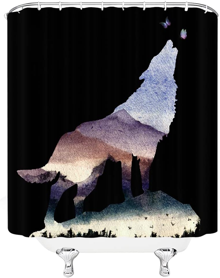 Mysterious Wolf Silhouette Shower Curtain with Butterfly, Birds, and Nature Print