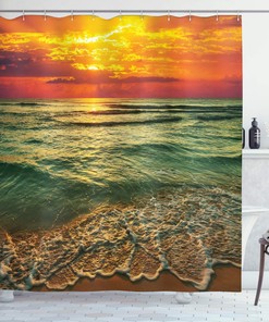 Mystic Beach Sunset Shower Curtain, Dusk Clouds Wavy Sea And Beach Print, Cloth Bathroom Decor