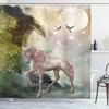 Mystic Fantasy Unicorn Print Shower Curtain with leaves, birds, stars, and moon for a dreamy bathroom