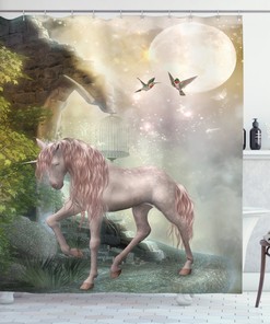 Mystic Fantasy Unicorn Print Shower Curtain with leaves, birds, stars, and moon for a dreamy bathroom