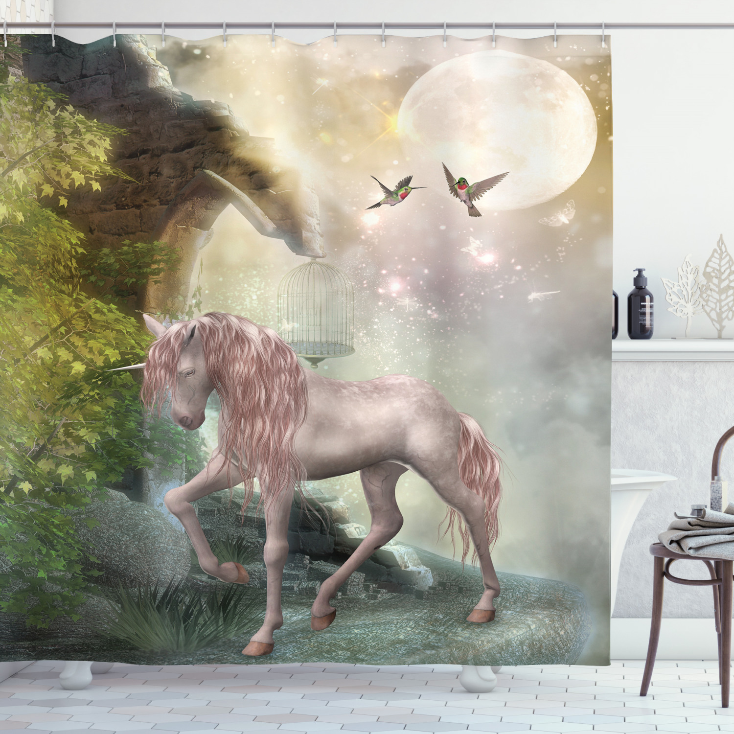 Mystic Fantasy Unicorn Print Shower Curtain with leaves, birds, stars, and moon for a dreamy bathroom