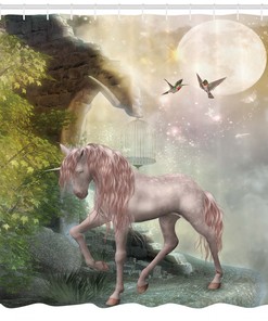 Mystic Fantasy Unicorn Print Shower Curtain with leaves, birds, stars, and moon for a dreamy bathroom
