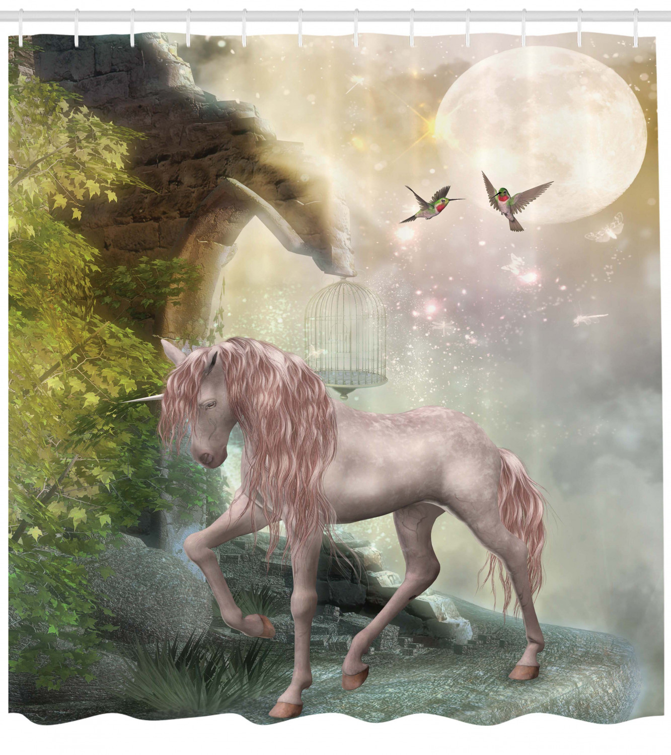 Mystic Fantasy Unicorn Print Shower Curtain with leaves, birds, stars, and moon for a dreamy bathroom
