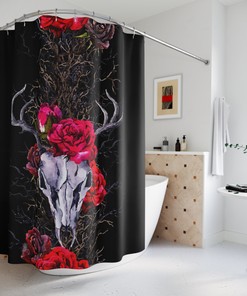 Mystic Ram Skull Shower Curtain With Witchy Floral Print For Bathroom