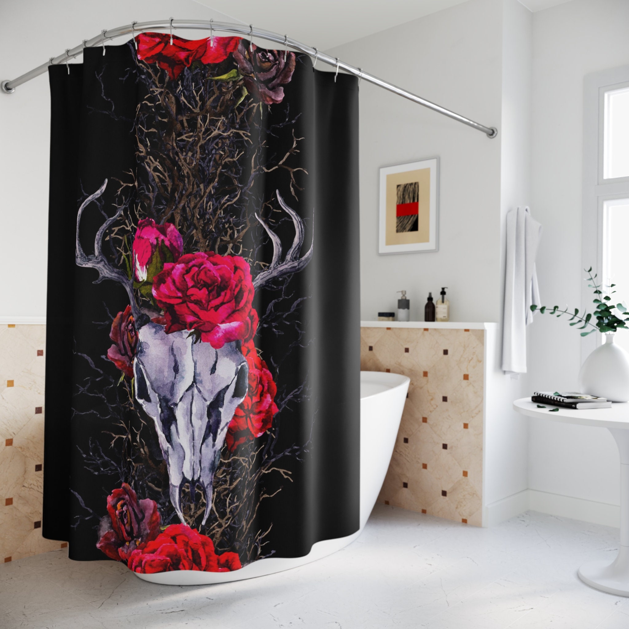 Mystic Ram Skull Shower Curtain With Witchy Floral Print For Bathroom