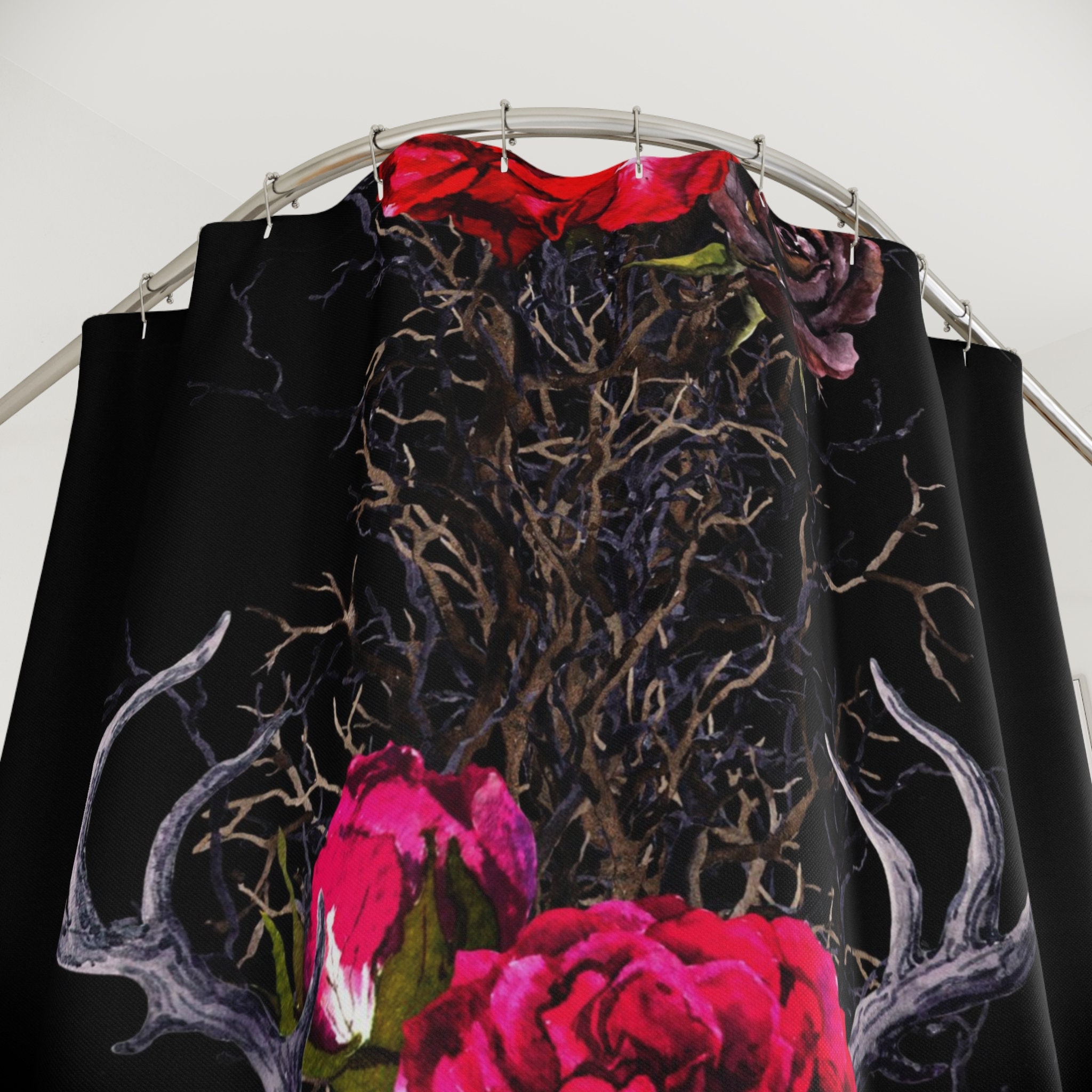Mystic Ram Skull Shower Curtain With Witchy Floral Print For Bathroom