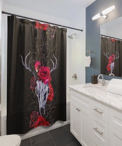 Mystic Ram Skull Shower Curtain With Witchy Floral Print For Bathroom