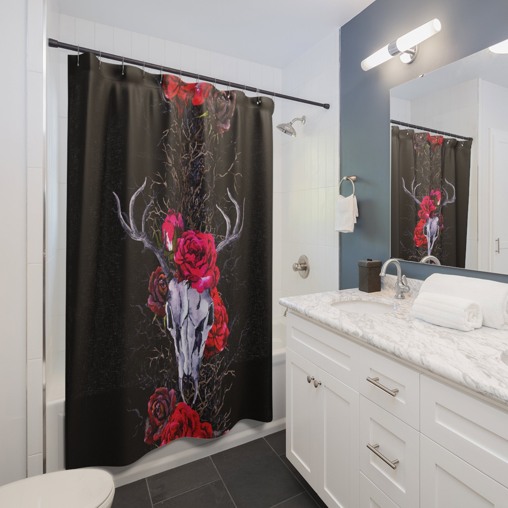 Mystic Ram Skull Shower Curtain With Witchy Floral Print For Bathroom