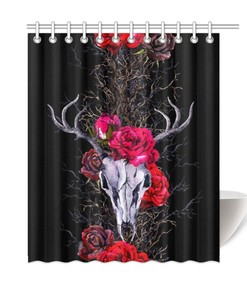 Mystic Ram Skull Shower Curtain With Witchy Floral Print For Bathroom