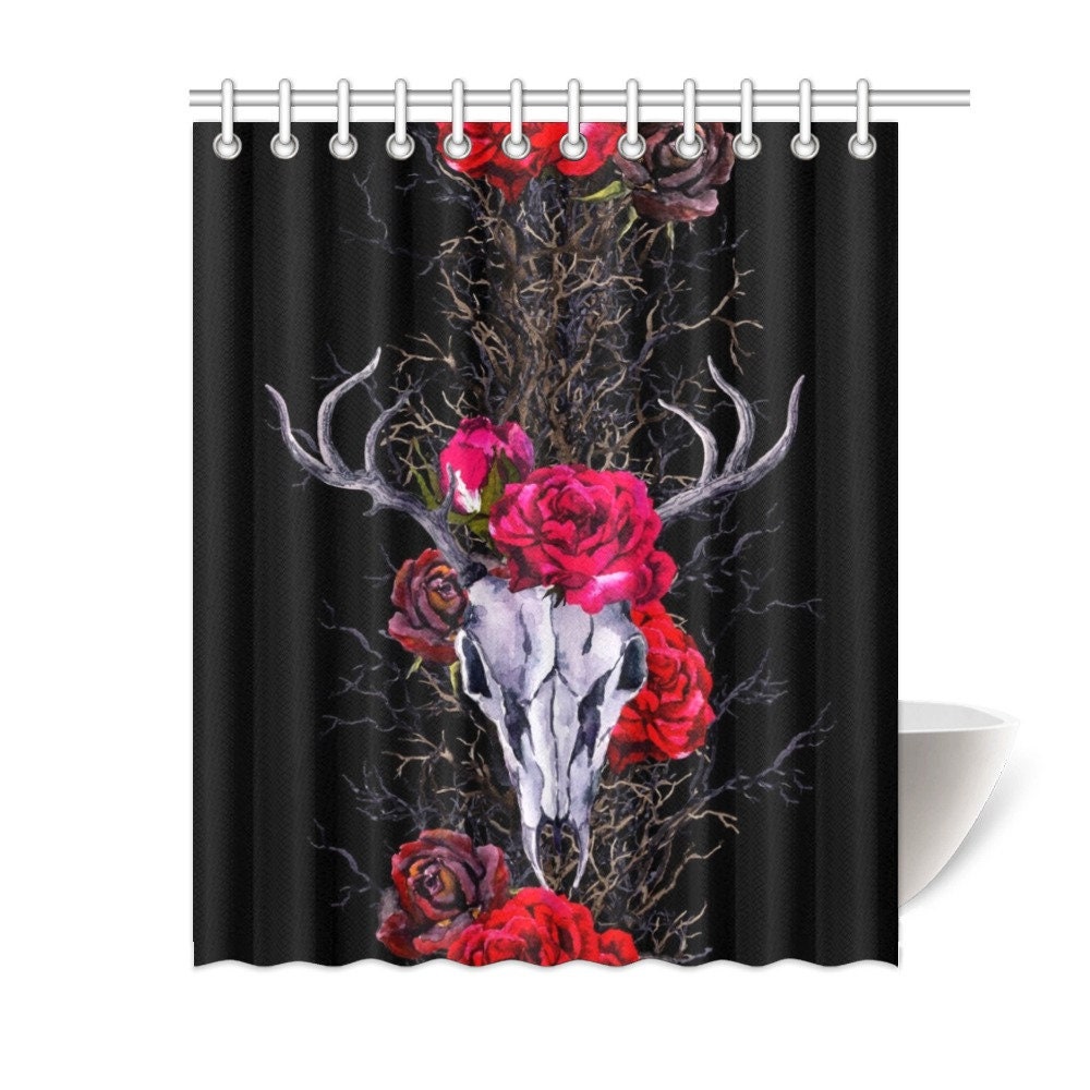 Mystic Ram Skull Shower Curtain With Witchy Floral Print For Bathroom