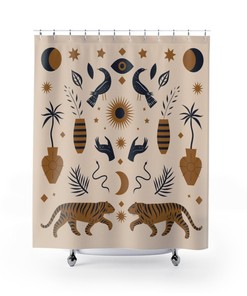 Mystic Tigers - Boho Spiritual Shower Curtain, Sun and Moon Tiger Bathroom Curtain, Earth Tones Bohemian Bath Decor