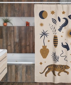 Mystic Tigers - Boho Spiritual Shower Curtain, Sun and Moon Tiger Bathroom Curtain, Earth Tones Bohemian Bath Decor