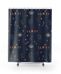 Mystic moon - Shower Curtain, Dark blue bathroom curtain, Moon phases, magic boho bathroom decor