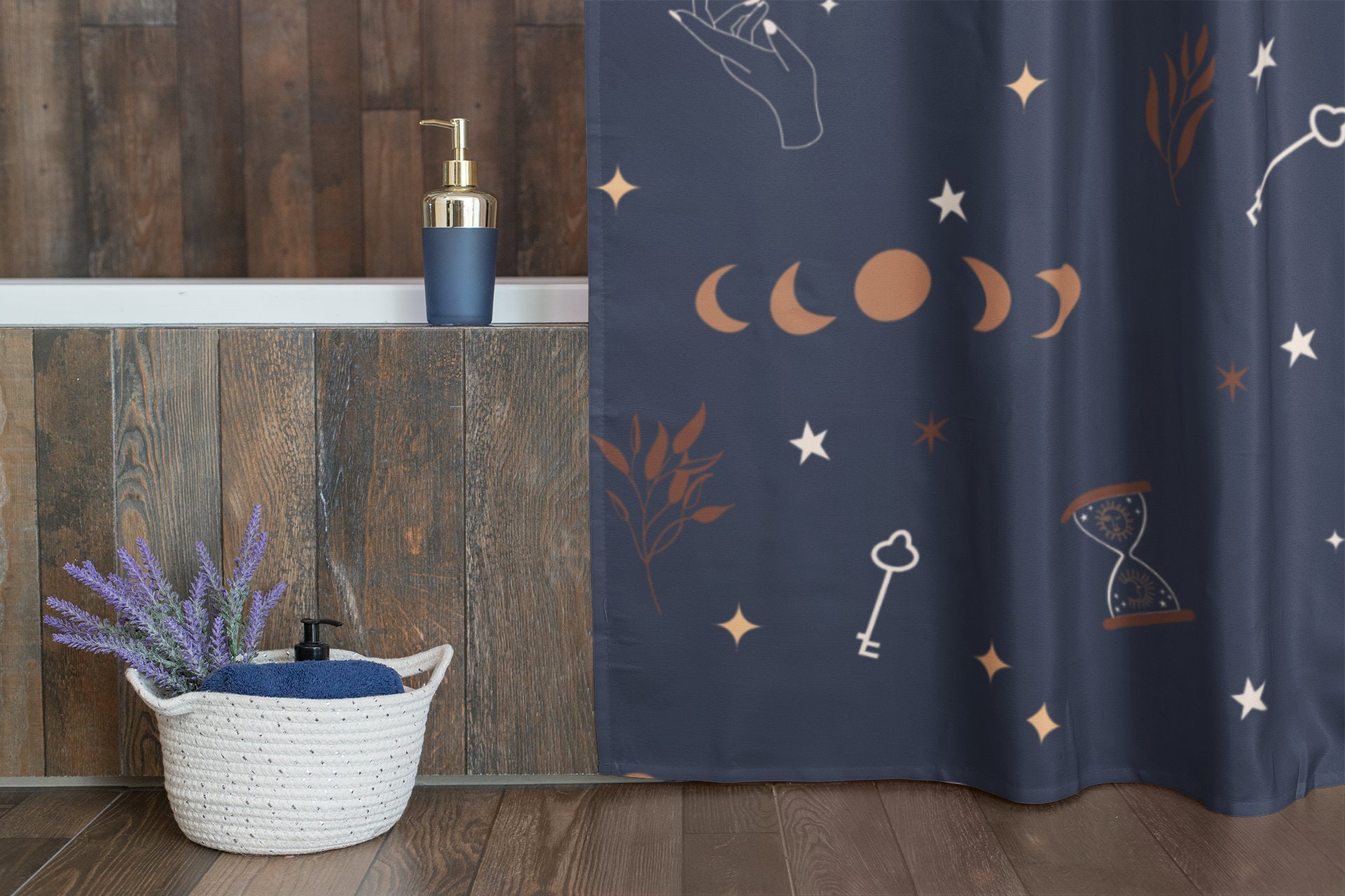 Mystic moon - Shower Curtain, Dark blue bathroom curtain, Moon phases, magic boho bathroom decor