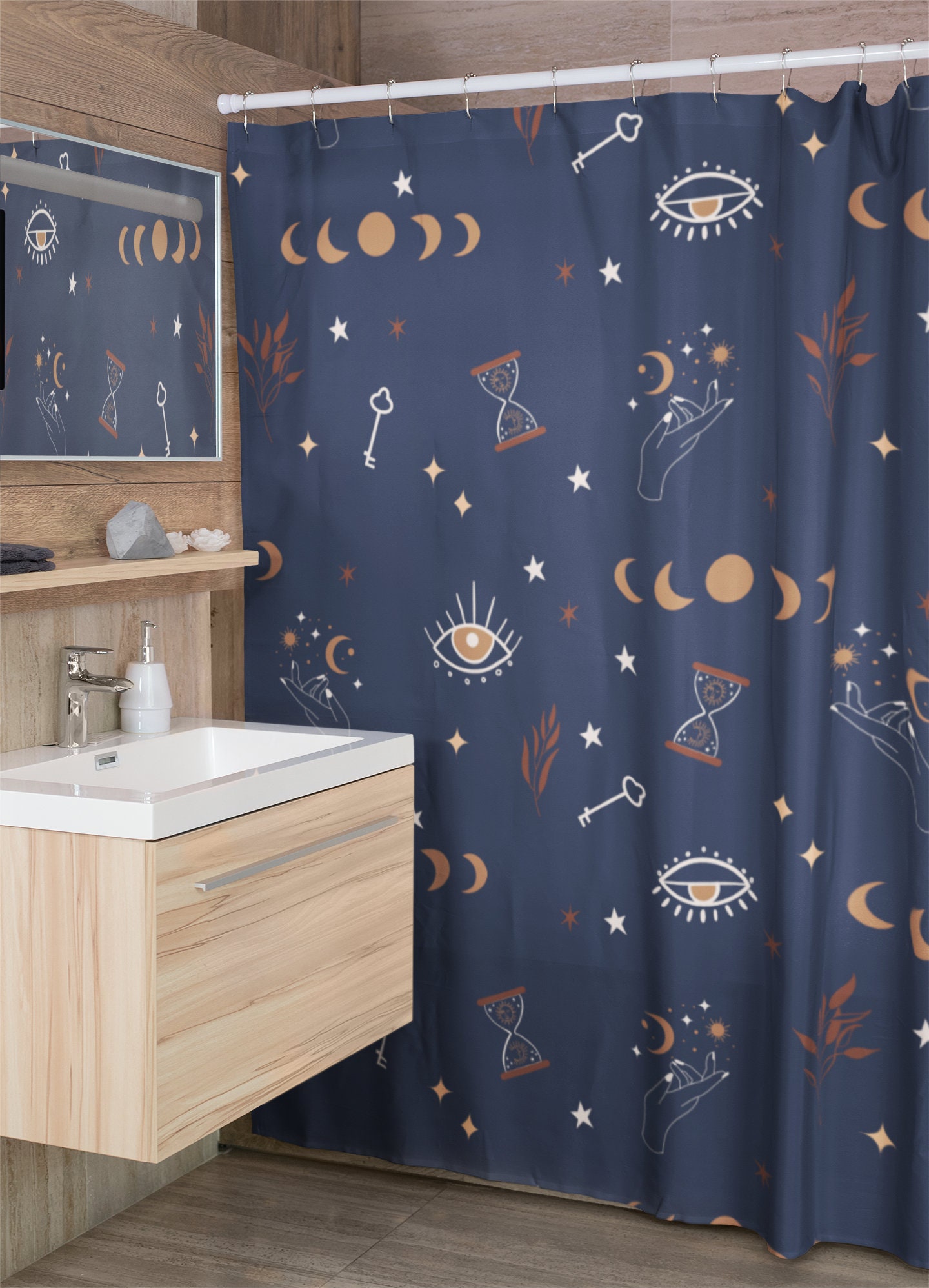 Mystic moon - Shower Curtain, Dark blue bathroom curtain, Moon phases, magic boho bathroom decor