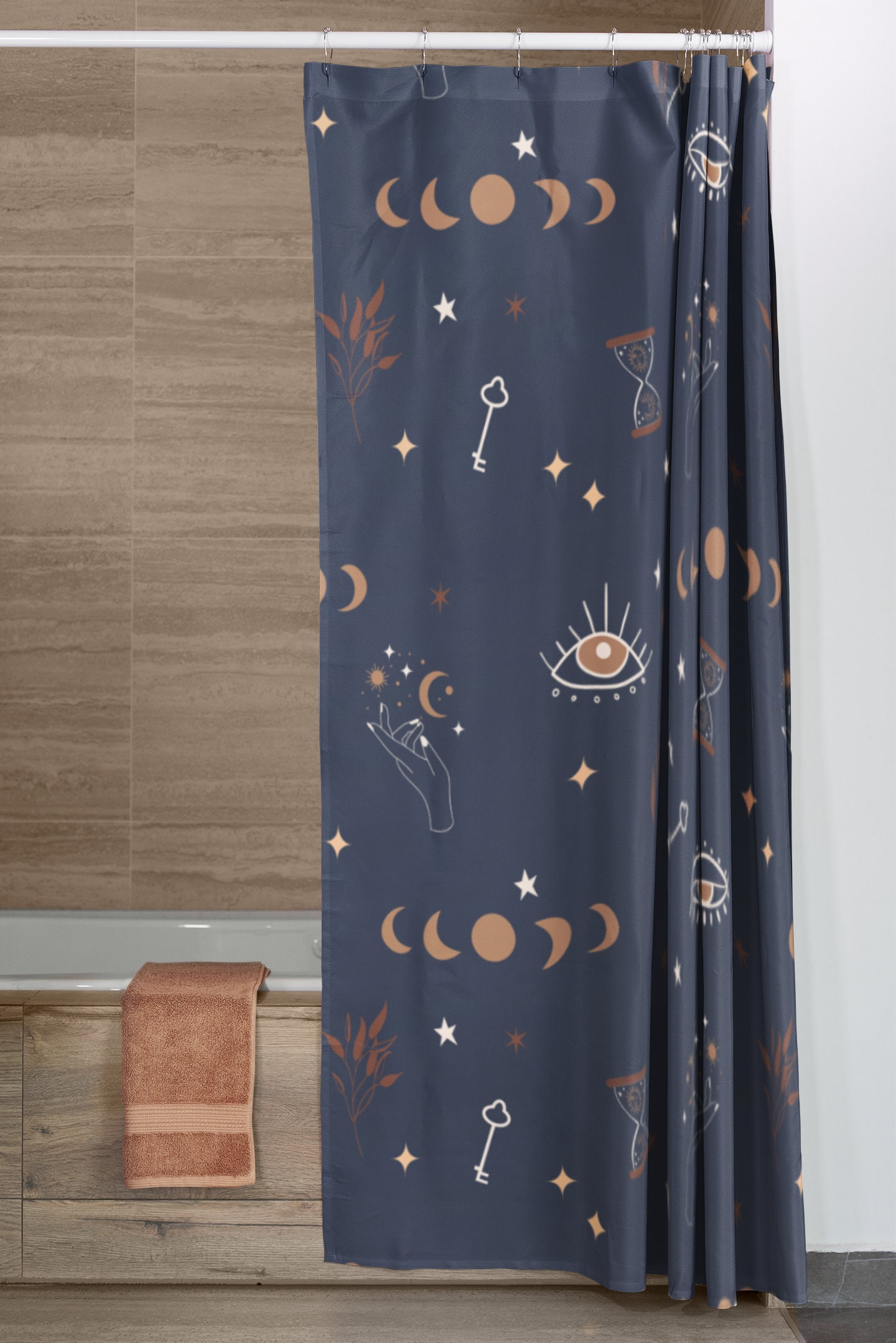 Mystic moon - Shower Curtain, Dark blue bathroom curtain, Moon phases, magic boho bathroom decor