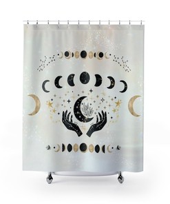 Mystical Beige And Black Astrology Shower Curtain With Moon Phases And Constellations