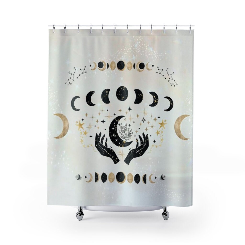 Mystical Beige And Black Astrology Shower Curtain With Moon Phases And Constellations