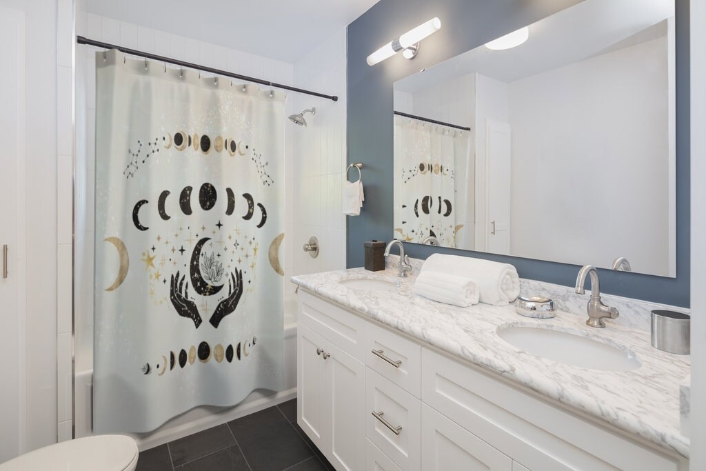 Mystical Beige And Black Astrology Shower Curtain With Moon Phases And Constellations - Image 2